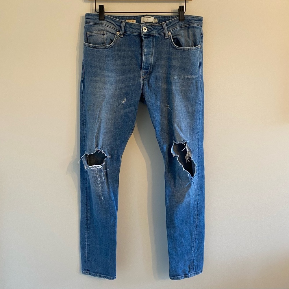 Topman Stretch Skinny Destroyed Ripped‎ Distressed Denim Blue Jeans Size 32R